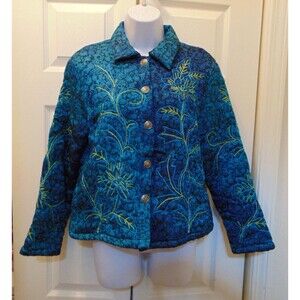 Choices Womens Small Quilted and Embroidered Jacket Turquoise Floral Print Butto